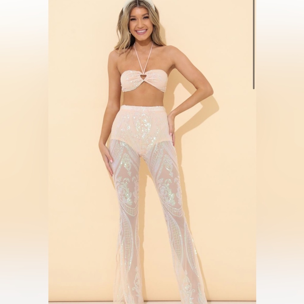 Thalia sequin halter two piece set in peach